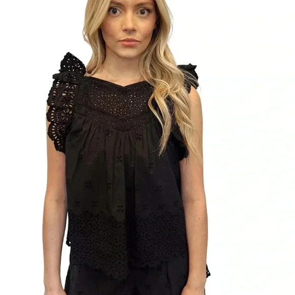 NWT ULLA JOHNSON Leona Eyelet Broderie Anglaise Cotton Blouse Top Noir Black 4 - Picture 1 of 7